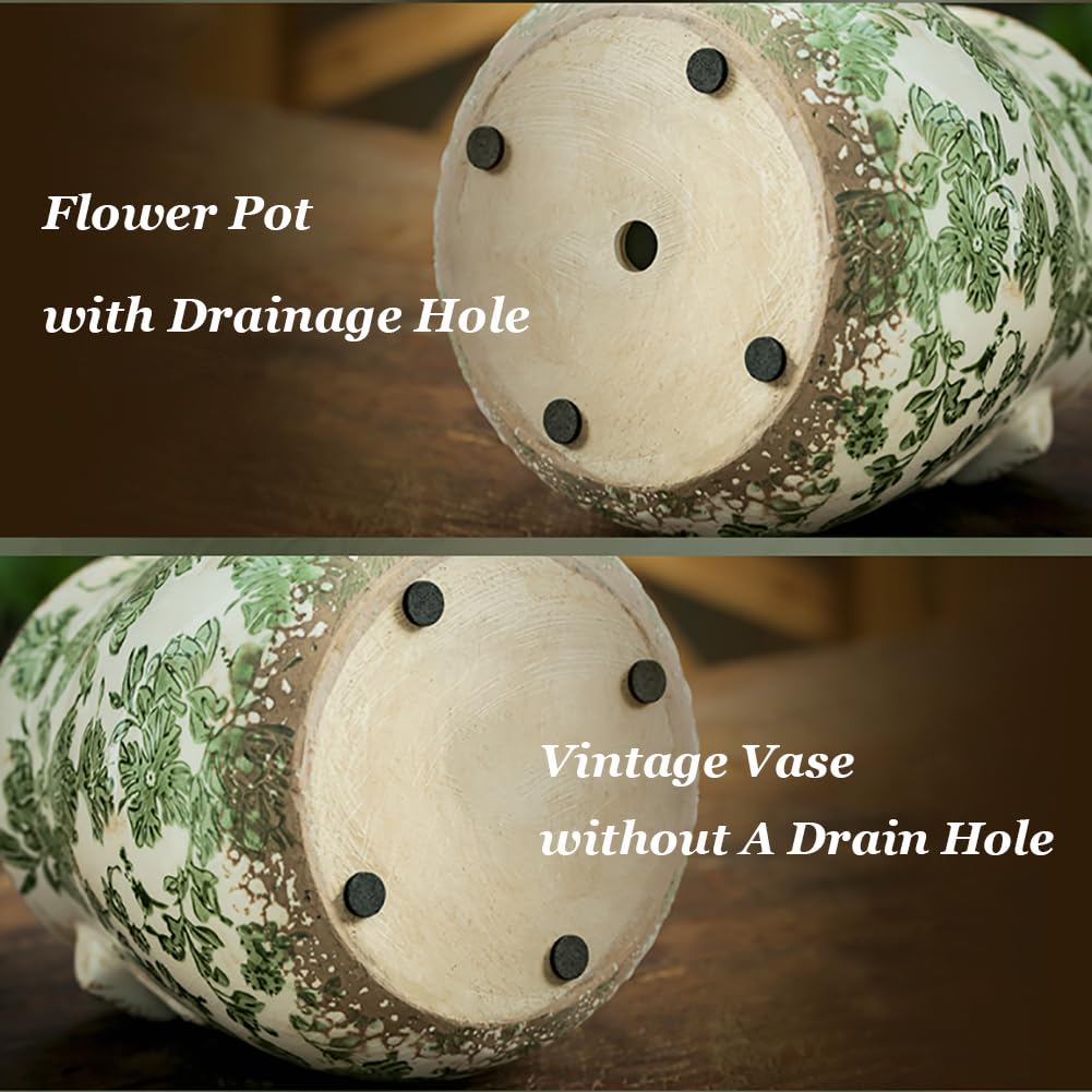 Große grüne keramische Töpfe für Pflanzen, Vintage-Pflanztopf für Zimmerpflanzen, Blumentopf mit Rissglasur-Finish, rustikaler toskanischer Keramiktopf für die Gartenarbeit,M,with Hole