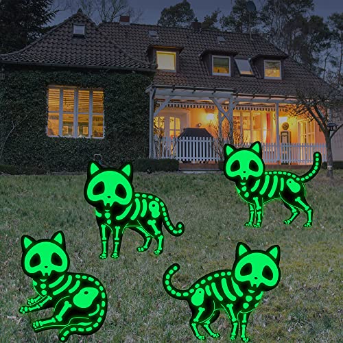 Halloween Exterieur Décorations 4 Pièces Signes pour Pelouse Silhouette de Chat Lumineux, JRISBO Effrayant Décor de Jardin Grand Panneau avec Piquets Matériel Imperméable Cover