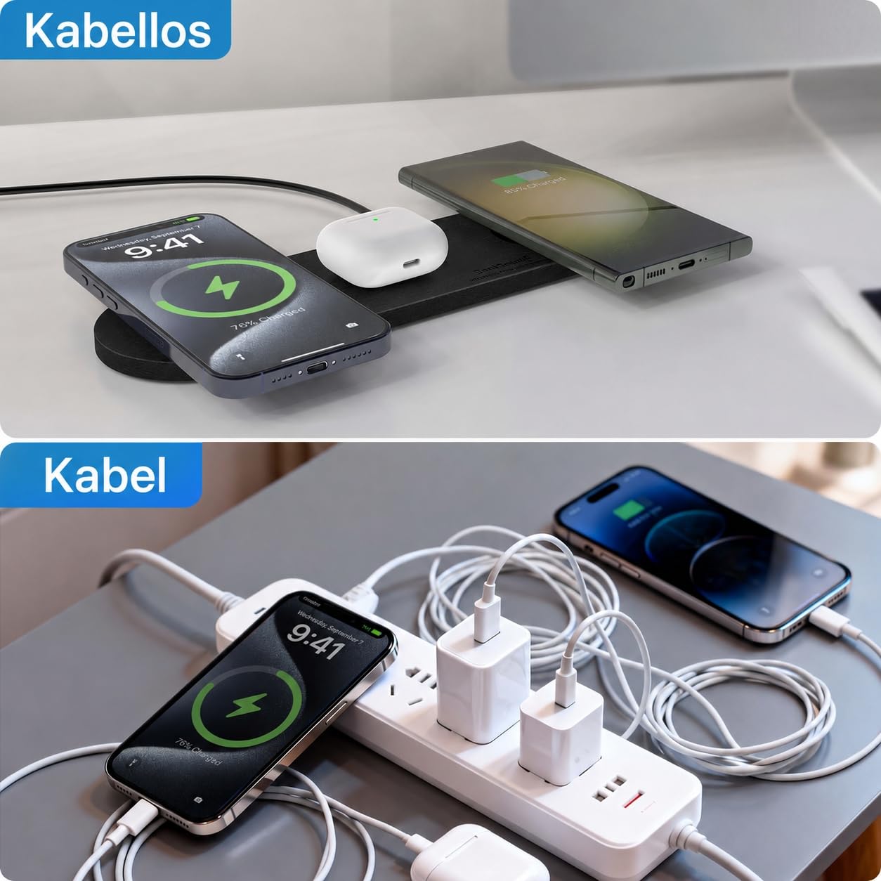 ZealSound Wireless Charger, 3-in-1 induktive Ladegerät für iPhone 17 16 15, Samsung Galaxy, AirPods & Galaxy Buds, Ultraschlankes PU-Leder-Design für Zuhause, Büro und Reisen, mit 36W EU-Stecker