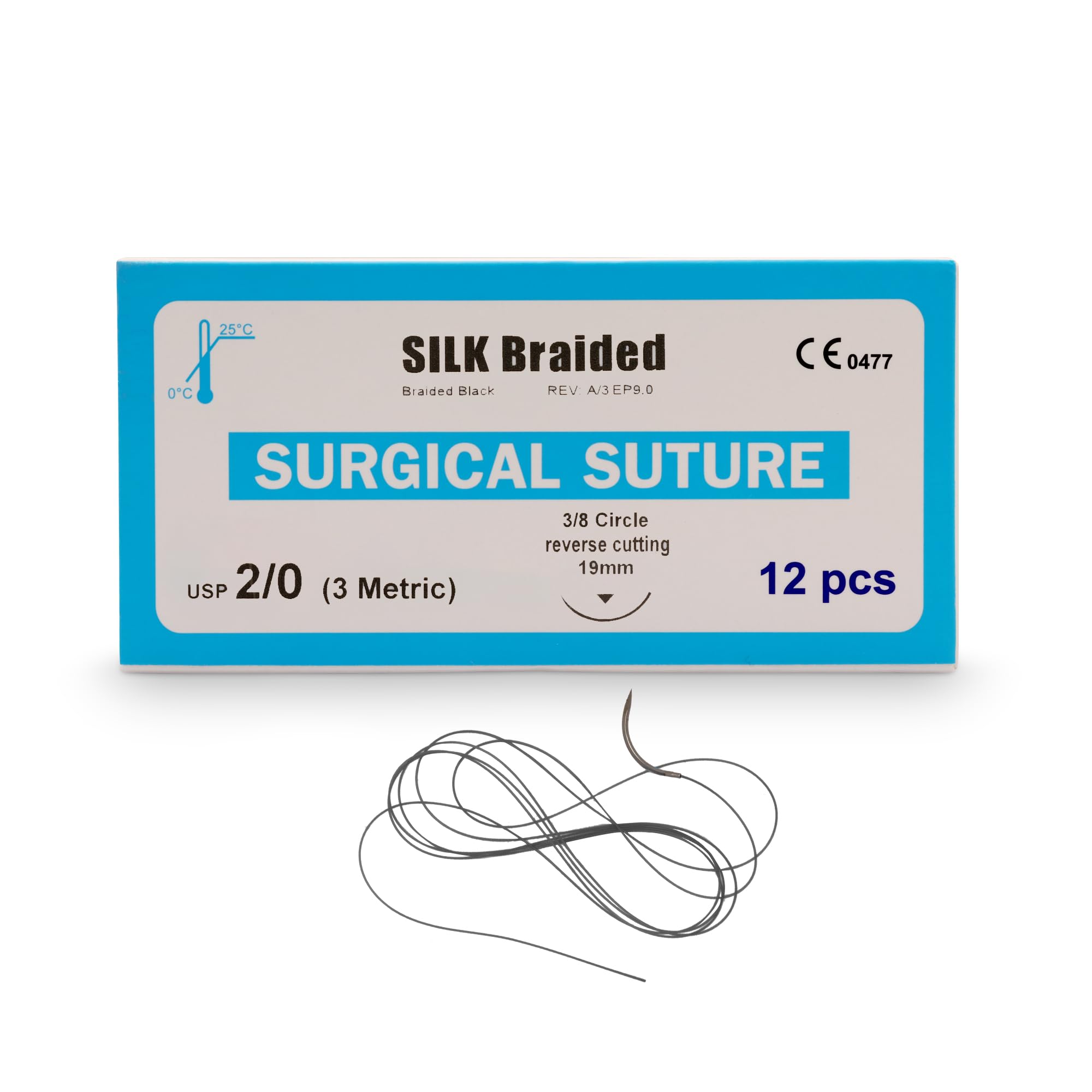 B-Arm Silk Suture Thread(Pack of 12) Non-Absorbable USP 2-0/3 Metric|Durable EO Sterilized Suturing Thread And Needle Set|19mm Reverse Cutting Needle Included|Ideal Suture Thread For Practice
