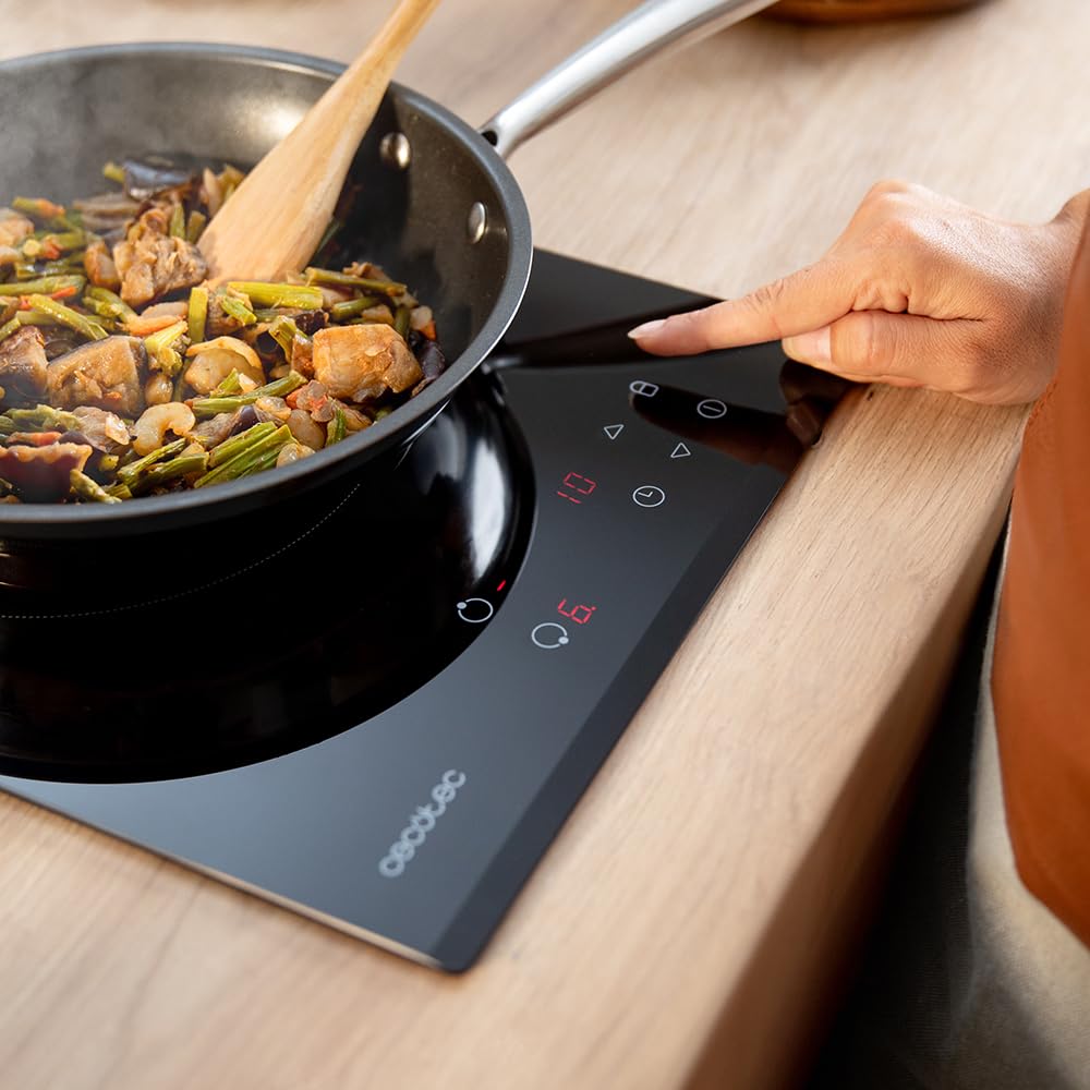 Cecotec Piastra in vetroceramica 2 fuochi Bolero Squad V 2100. Potenza massima 3000 W, 9 Livelli di Potenza, Touch Control, Rilevatore Padelle, Diametro 16 e 20 cm