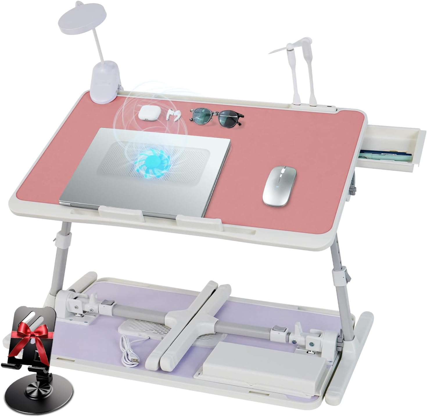 iXTRA Laptop Lap Desk with Cooling Fan - Adjustable with Light, USB, Storage Drawer - Folding Bed Desk,23.62"*15.74",White