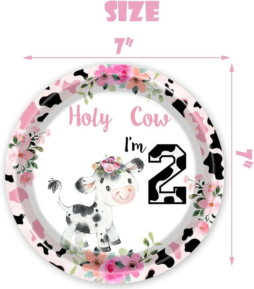 80 Pcs Holy Cow I'm Two Girls Birthday Decorations Moo Moo I'm Two Paper Dinner Plates Napkins Forks Dinnerware for Farm Animals Cow Themed Girls 2nd Birthday Party Supplies - Image 6