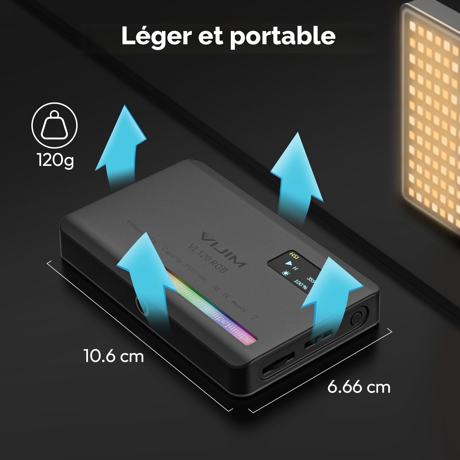 ULANZI VL120 RGB Lumière vidéo, Panneau Lumineux LED Portable pour caméra 0-360 Full Color, CRI 95+ 2500-9000K LED 3100mAh Rechargeable Eclairage DSLR pour Vlogging, Photographie, Vidéo Conférence