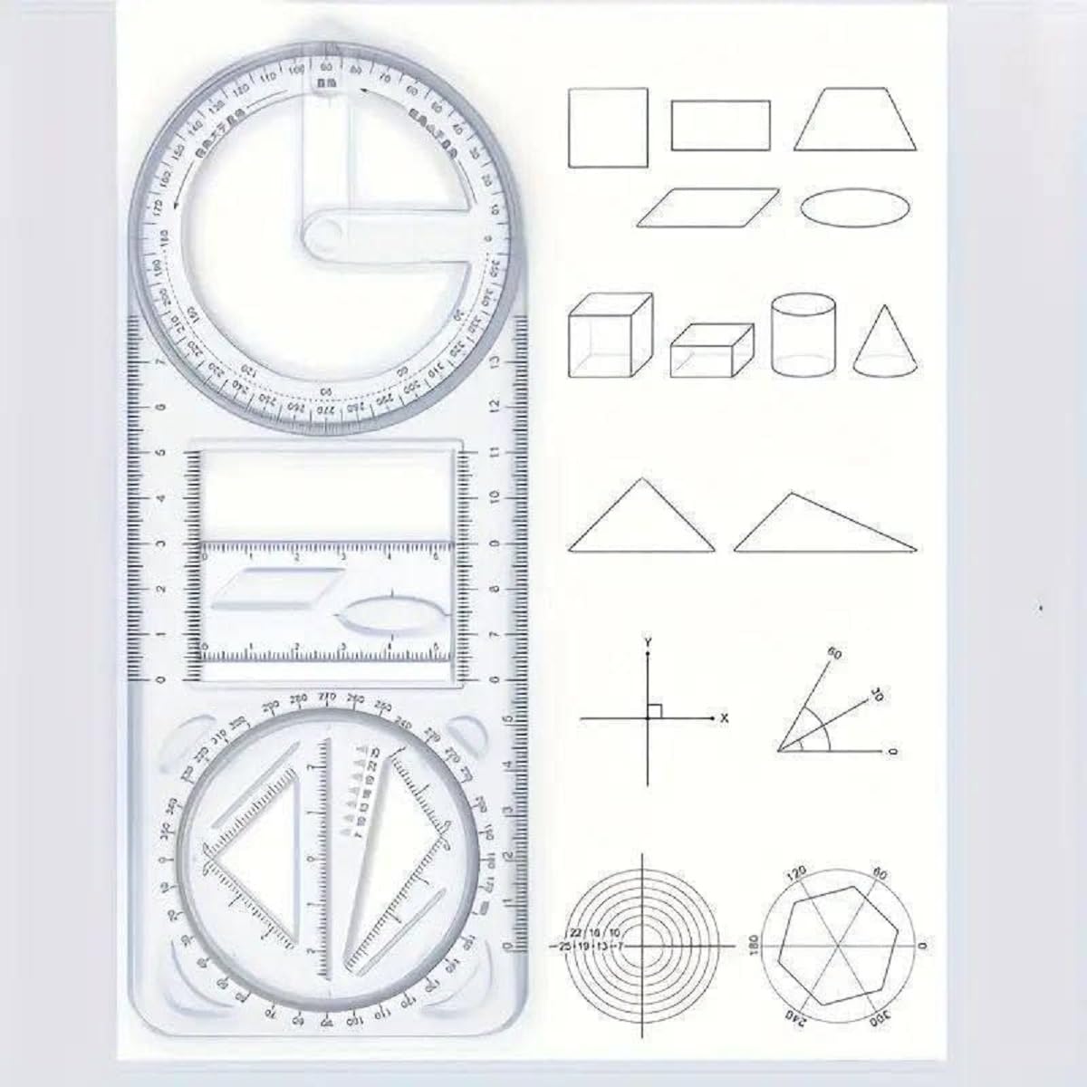 Multifunctional Geometric Math Ruler – All-in-1 Transparent Drawing Tool for Angle,Circle & Lines, Movable Measuring Template for School Students,teacher,designer,Office,Artist & Architects (1 Ruler)