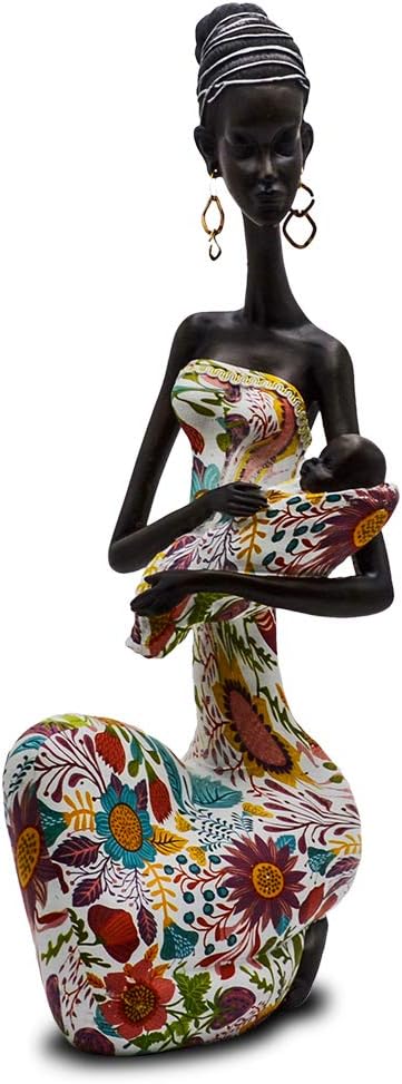 Statue African Figurine Sculpture Colorful Dress Holding Baby Lady Figurine Statue Home Decor Collectible Art 15.5" Inches Tall - Flower Dress Tropical Decorative Black Figurines