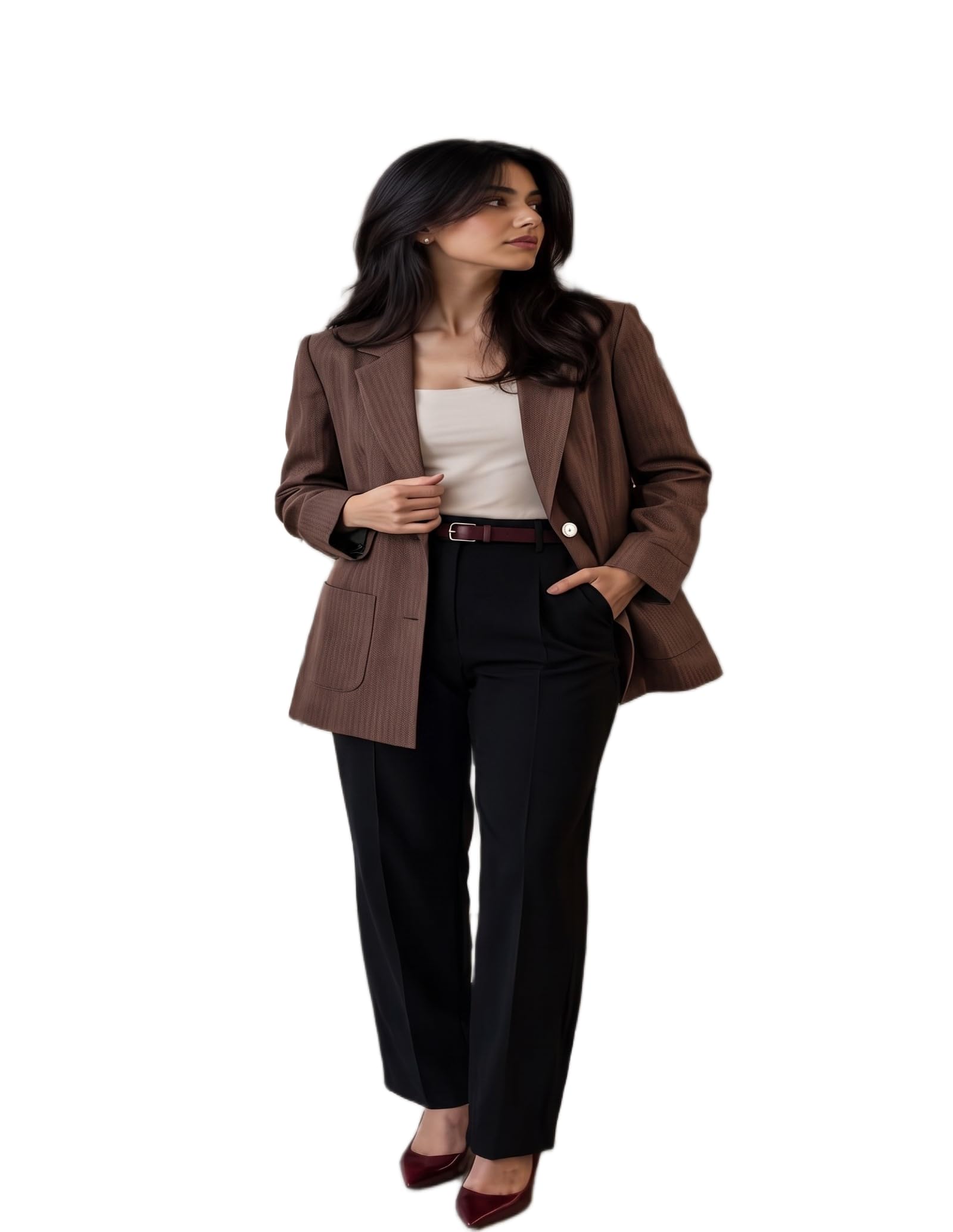 Plus Size Business Casual Blazer for Women – Brown Tailored Jacket, Rolled Cuffs, Versatile Everyday Wear-image-36