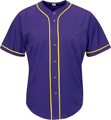Pullonsy Mens Blank Purple Baseball Jerseys Basketball Button Up Mesh Fashion Hip-Hop Shirt,Purple-Yellow Stripe Plain,Size L