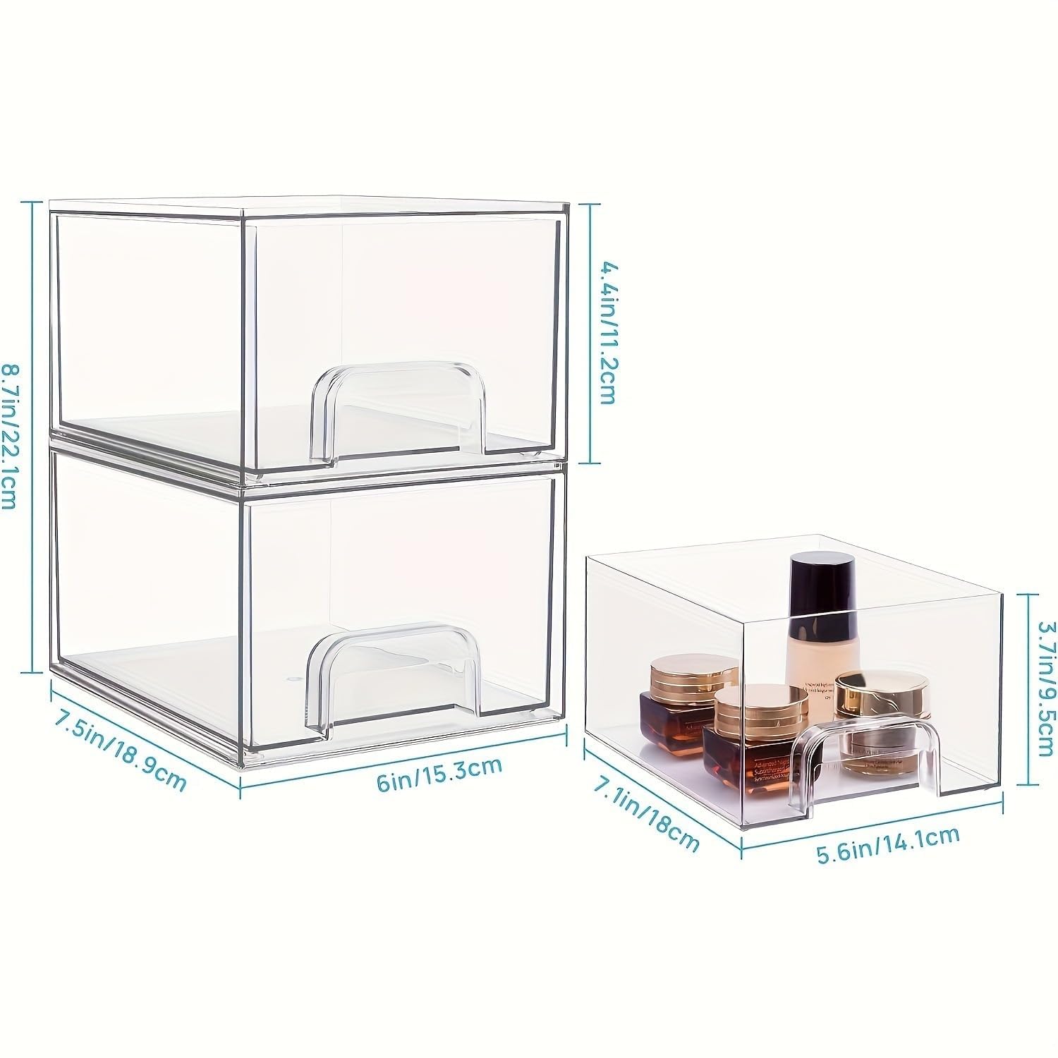 2 Piezas Cajones de Almacenamiento Apilables de Acrílico con 16 almohadillas antideslizantes Transparente Organizador de maquillaje con cajones,para baño,tocador,dormitorio y cocina