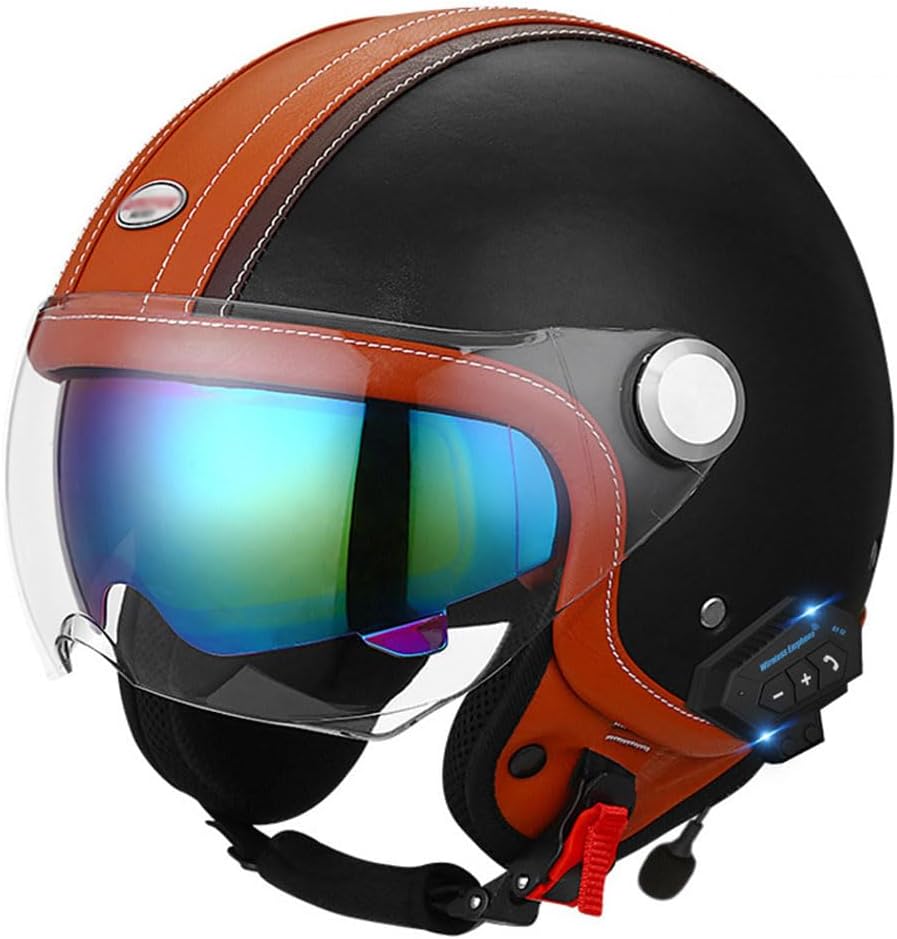 3/4 Half Face Bluetooth Motorcycle Helmet ABS+PU Leather Adult Open Face Helmet Dual Visor DOT Approved Jet Half Helmet Pilot Motor-Bike Scooter Chopper Cruiser Moped Helmets for Men Women