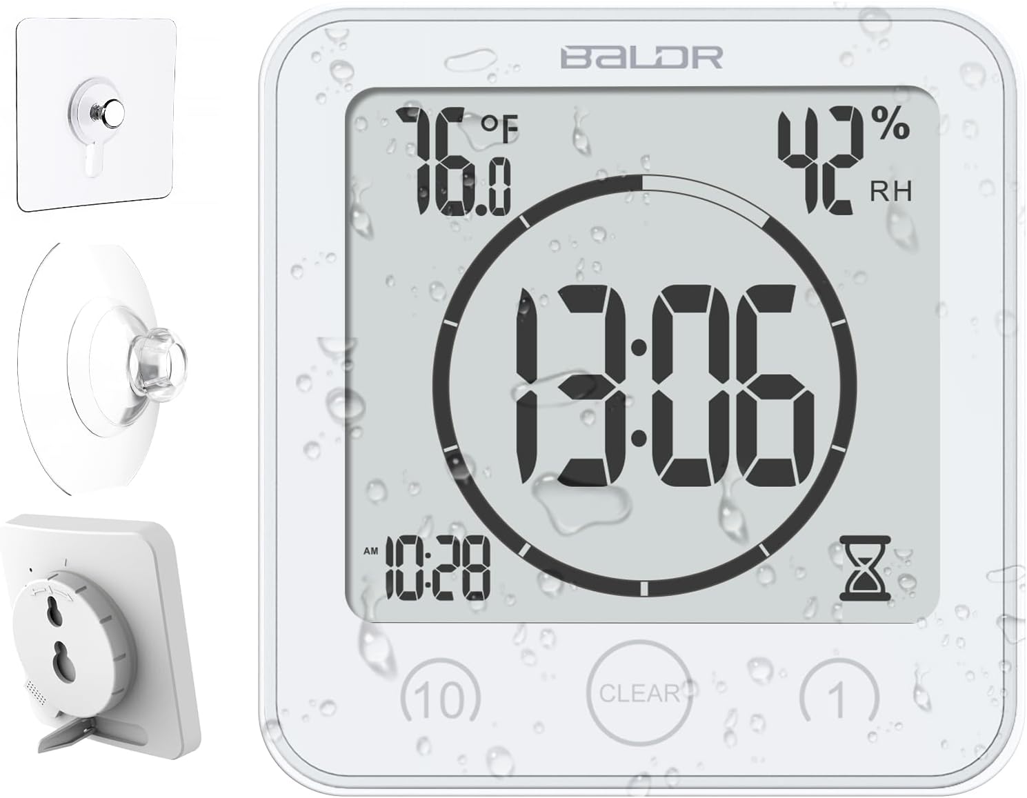 Digital Shower Clock with Timer - Waterproof for Kids and Adults Bathroom That Displays Time Temperature Battery Operated White