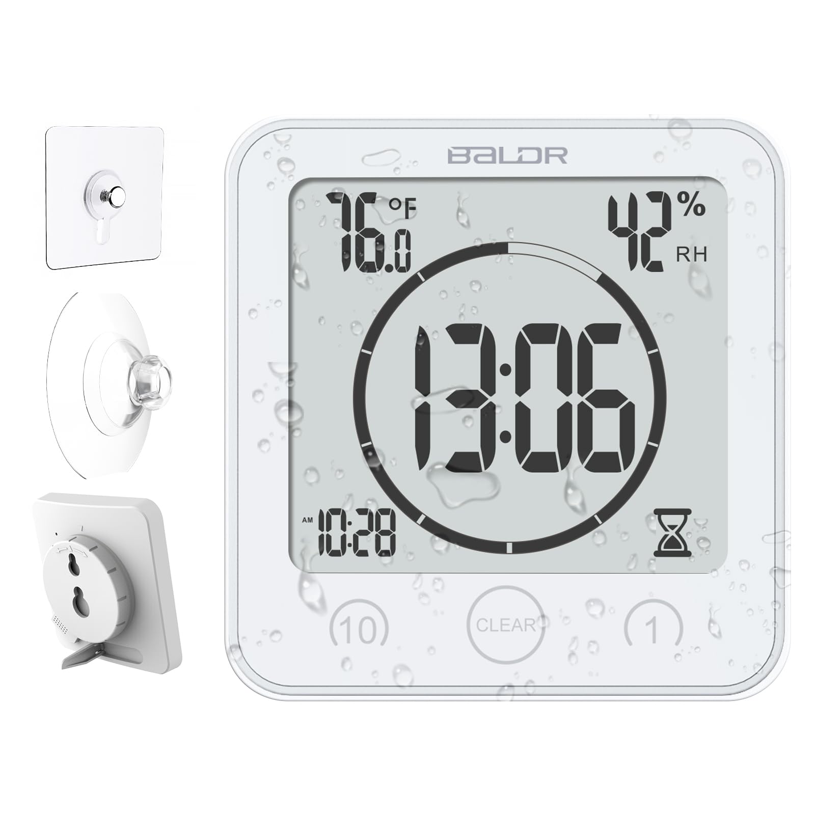 Shower Clock Waterproof Bathroom Clock with Timer/Temperature/Humidity, Digital Timers for Kids and Adults, Bath Kitchen Study, White