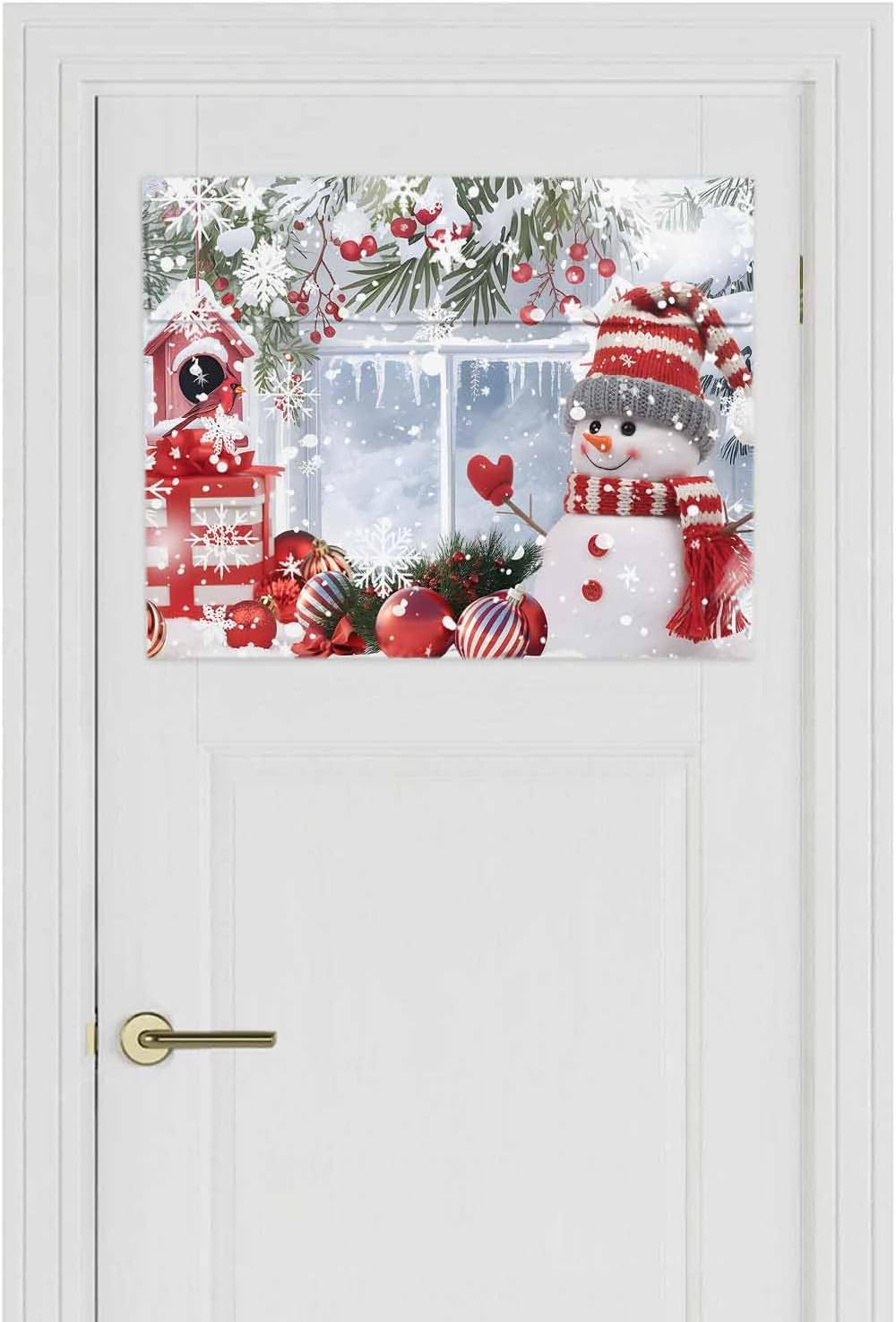Blackout French Door Curtains, Xmas Snowman Birds Thermal Insulated Door Window Curtains, Christmas Green Silver Pine Snowflake Tie Up Shade Doors Window Covering for Patio, Front, 26 x 20 Inches