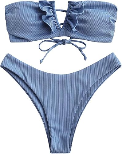 Zaful Women's Strapless Ribbed V Wired Lace Up Ruffle Tie High Cut Bandeau Swimsuits Bikini Set(0-Blue Koi, S) #TOP14