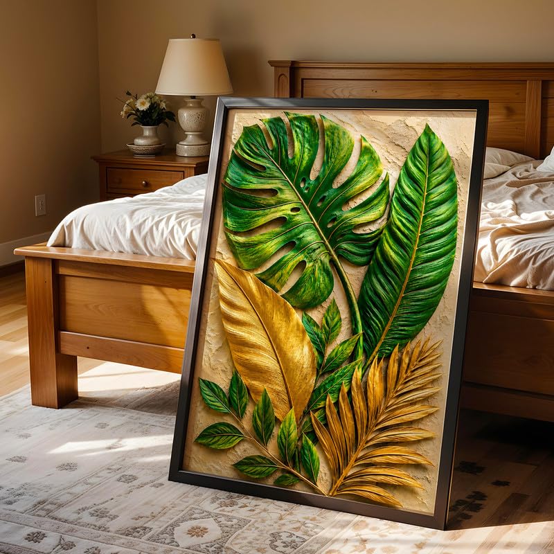 Image of NoWorries 3D Tropical Leaf Wall Painting with Frame Set of 1 | Premium Textured Green & Gold Monstera Palm Leaves Artwork, Luxury Botanical Nature Wall Decor for Living Room, Bedroom, Office and Home Decoration (3d Art-20,13x19inch)