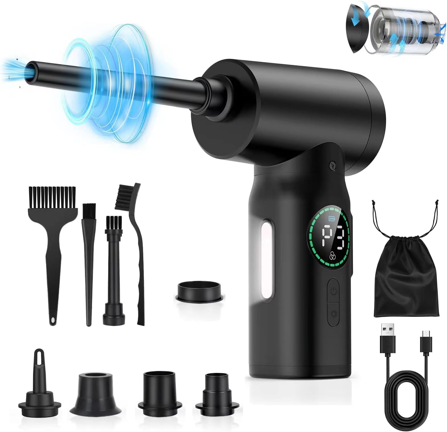 TDOO3 In 1 Electric Compressed Air Duster & Pump & Wireless Vacuum Cleaner, 7500mAh 100000RPM Cordless Portable Air Blower With LED Light For Car Home Keyboard & Computer Cleaning, 3 Level Adjustable