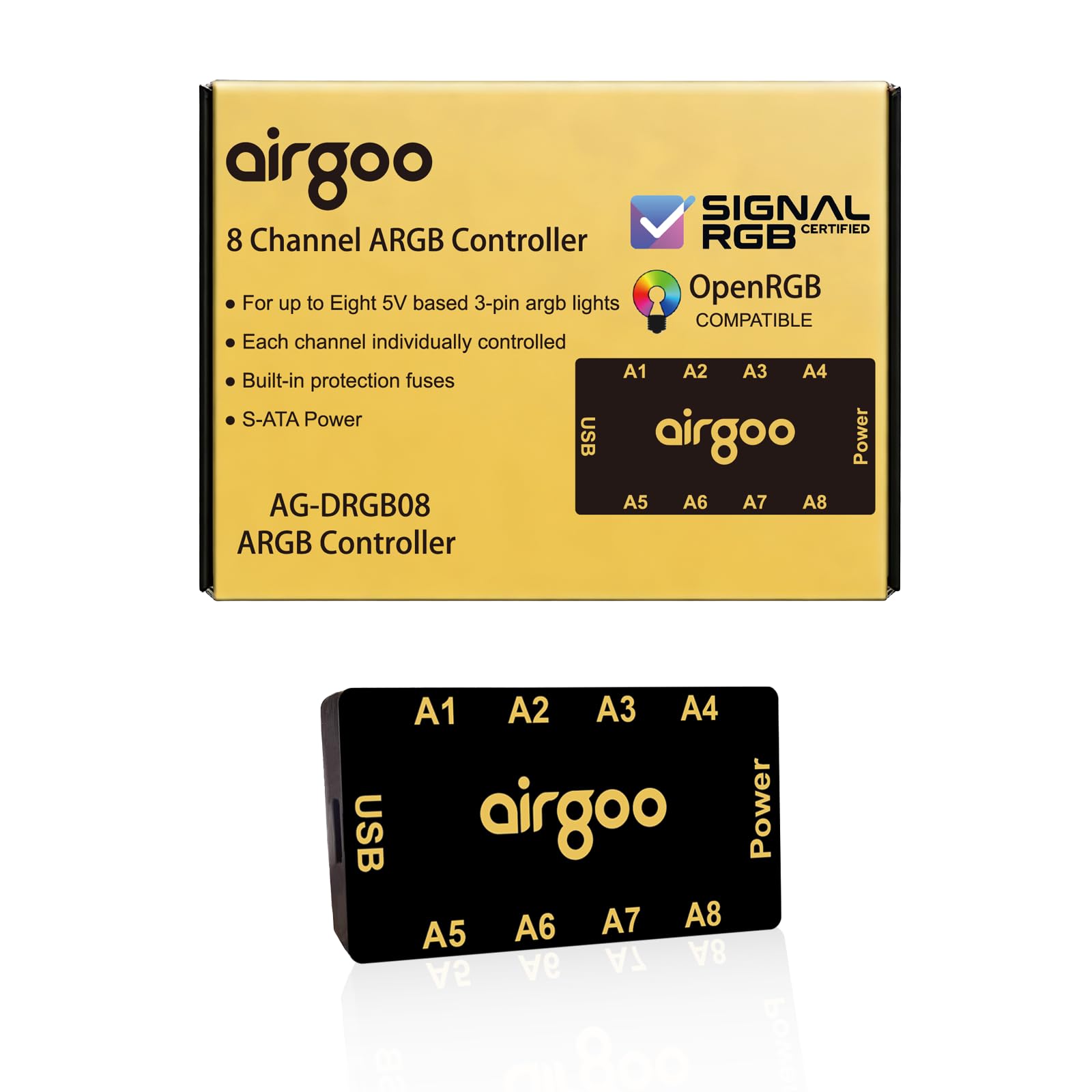airgoo Magnetic 8-Port ARGB Controller, Compact SATA Powered ARGB PC Lighting Hub, Easy Install for Mini & Mid-Tower Cases, Compatible with SignalRGB & OpenRGB, AG-DRGB08 - 1