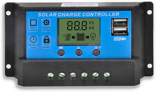 Controlador de carga solar de 20 A, regulador de carga de panel solar, regulador inteligente con doble puerto USB 12V/24V, parámetro automático PWM,