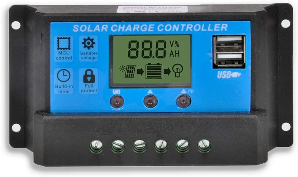 Controlador de Carga Solar 20A, Regulador Inteligente para Painel Solar com Duas Portas Usb 12V/24V, Pwm com Parâmetros Automáticos E Display Lcd Ajustável (Azul).