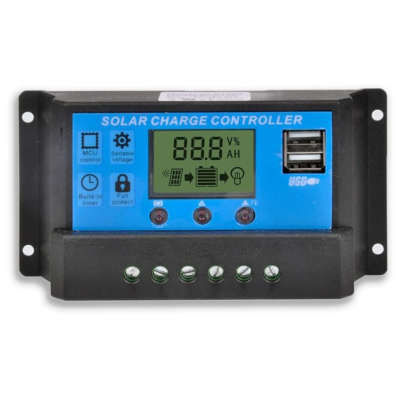 Controlador de Carga Solar Saooer 20 A PWM para Sistemas 12 V/24 V com Display LCD e 2 Portas USB Azul