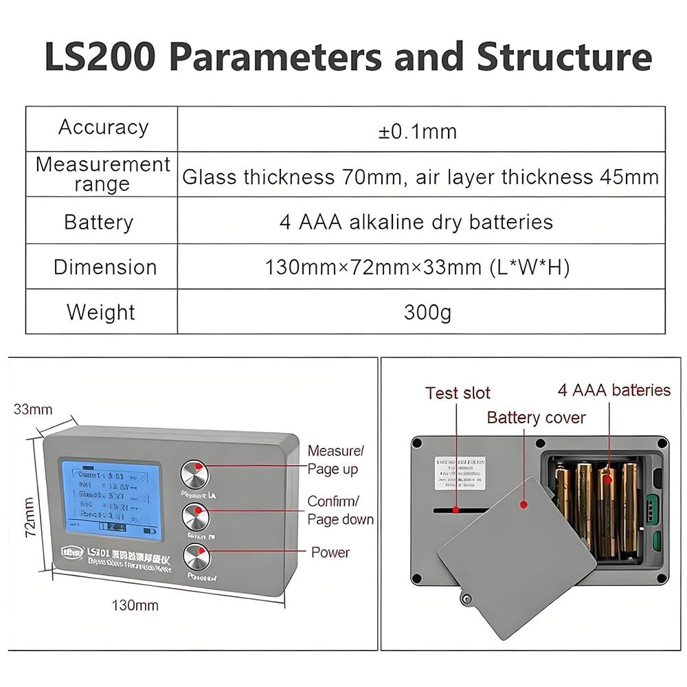 Medidor de Espesor de Vidrio Aislante y Laminado,Pantalla Digital LCD HD,Precisión ±0.1mm,Mide hasta 70mm de Vidrio y 45mm de Capa de Aire,Diseño Portátil con Caja de Almacenamiento