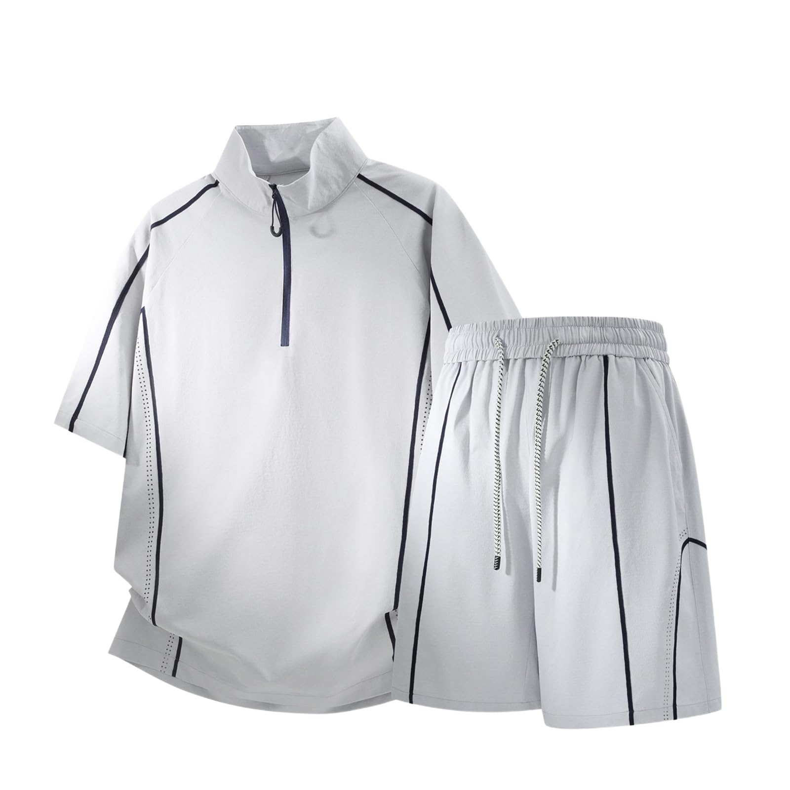 Men's Sport Set Ice Silk Thin Half Zip T-shirt szorty Casual Loose Summer