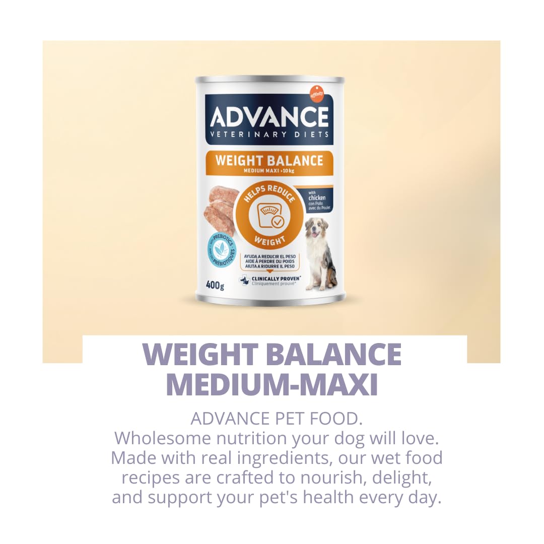 ADVANCE Cane WEIGHT BALANCE MEDIUM-MAXI | alimento umido completo dietetico per cani, per ridurre l'eccesso di peso, 6 lattine da 400 grammi l'una.