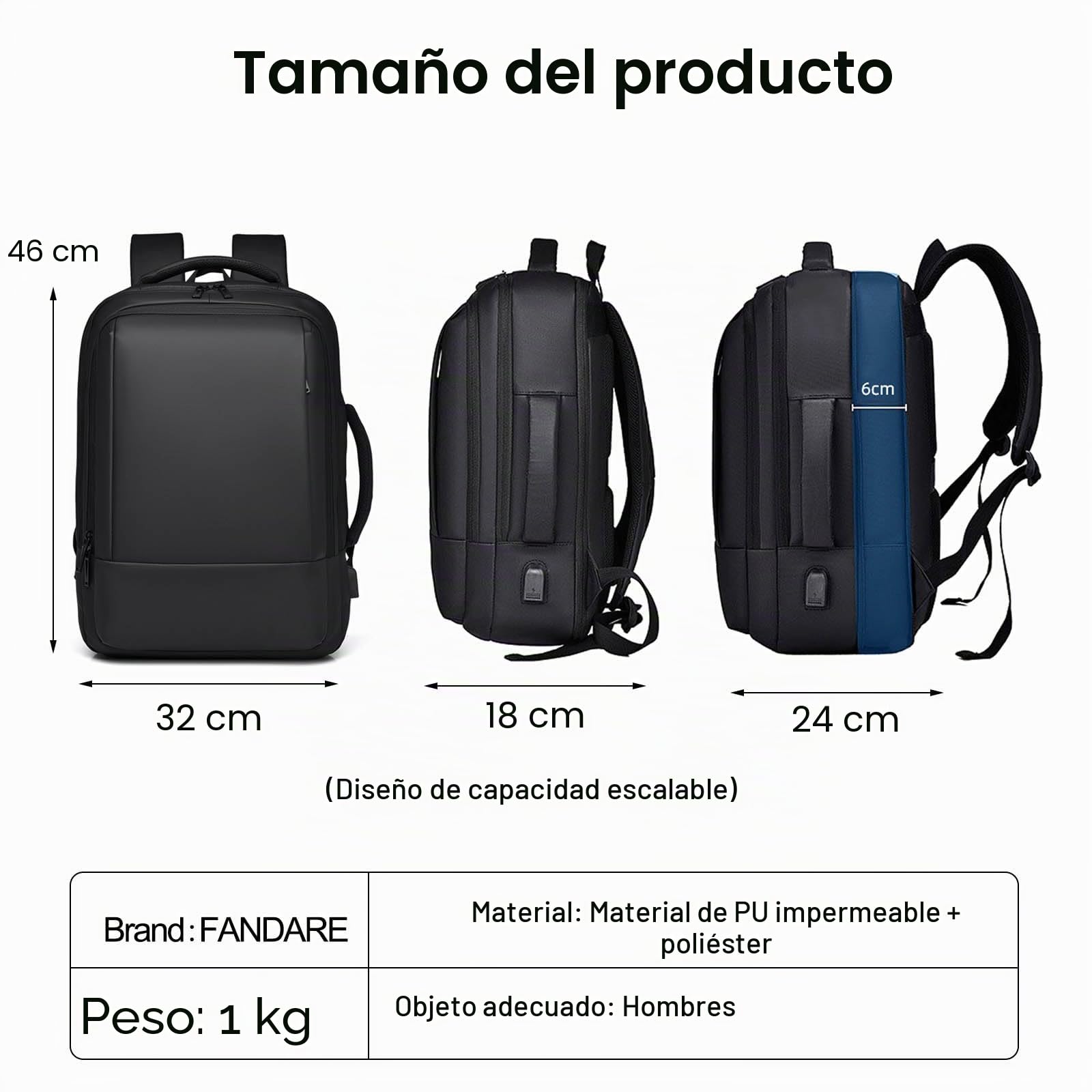 FANDARE Mochilas Escolares Mochila Universidad Mochila Portatil Mochila Hombre Casual Mochila Hombre Trabajo Mochilas Instituto Expandible Bolsas Organizadoras Película PU Impermeable Backpack Azul