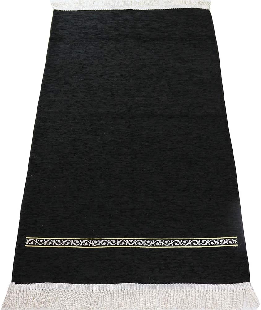Modefa Turkish Islamic Prayer Rug - Chenille Praying Mat Sajada for Men and Women - Traditional Muslim Praying Carpet Janamaz - Ramadan or Eid Gift - Luxury Woven Meccan (Black Simple)