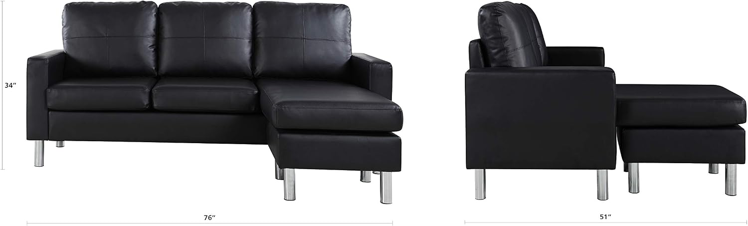 Modern Bonded Leather Sectional Sofa - Small Space Configurable Couch - Black