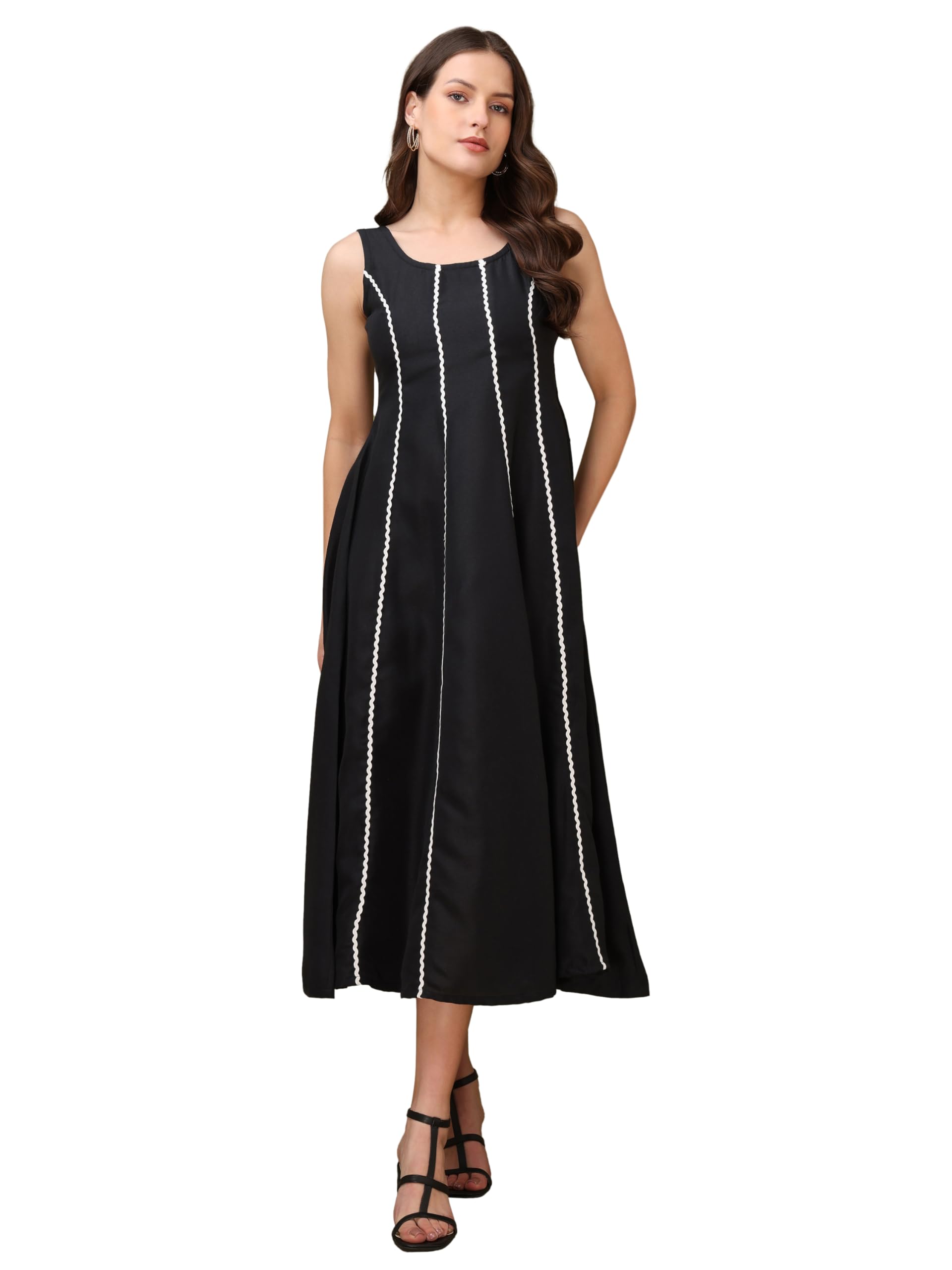 Purvaja Womens Round Neck Flared Cotton Blend Dress (Floe-045-M_Black)