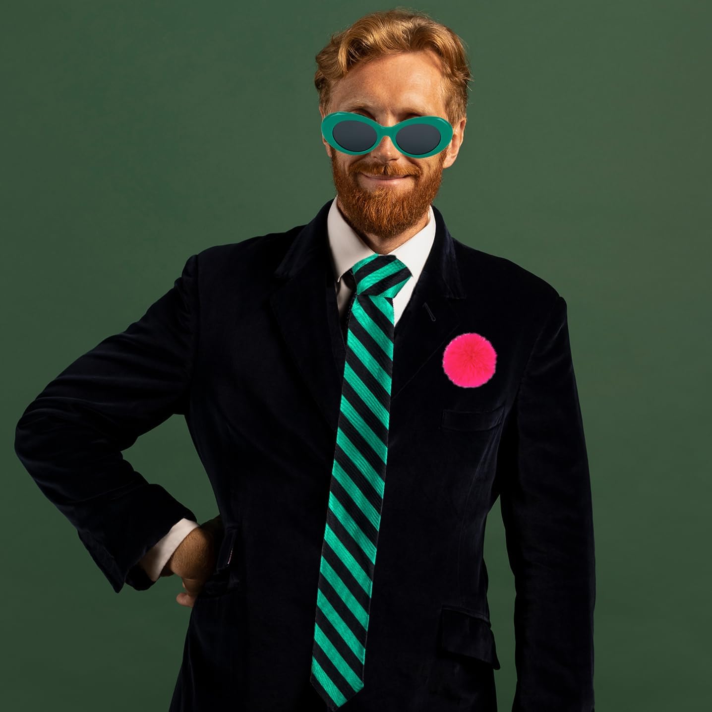 4 Pcs Halloween Costume Accessories Stripe Tie Green Sunglasses Long Gloves Pink Pom Pom Balls Pin Cosplay Party - Image 4
