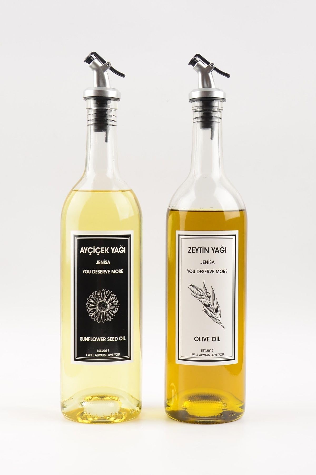 Jenisa 2'li 750 Ml Akıtmaz Şeffaf Zeytinyağı Sıvıyağ Şişesi Cam Yağdanlık Akıtıcılı Yağlık 750ml