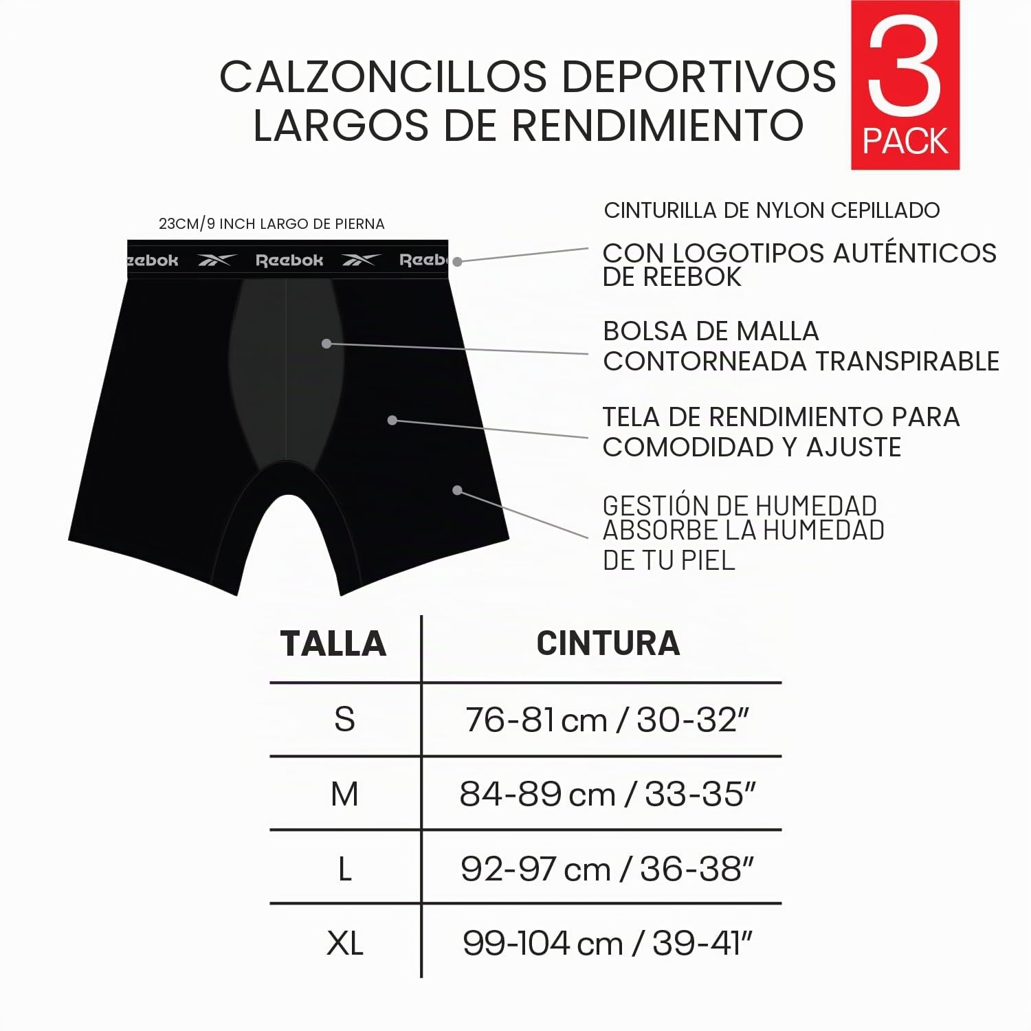 Reebok Hogan Reebok - Calzoncillos Deportivos Transpirables para Hombre (3 Unidades), Color Negro, Blanco, Gris Jaspeado, Negro, XL Hombre (Pack de 3)