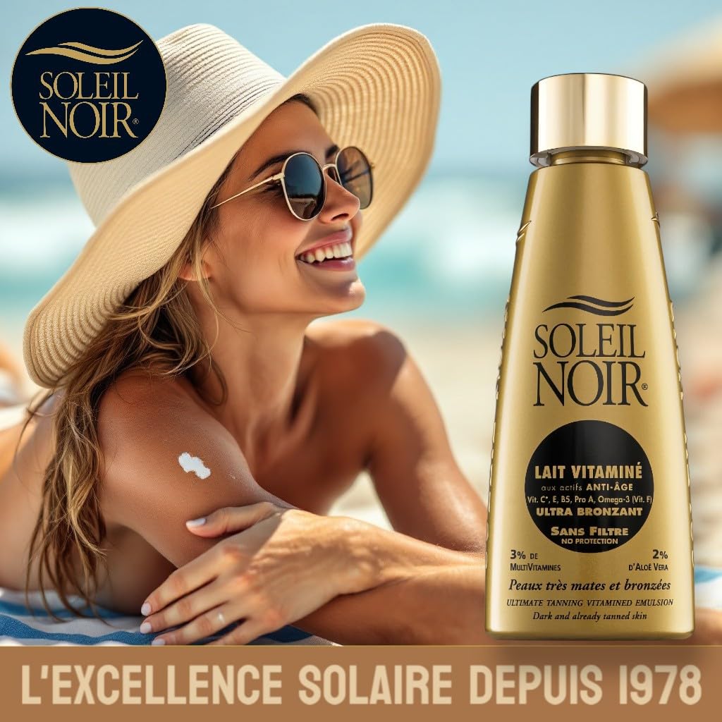 Soleil Noir - Lait Corps Vitaminé Sans Filtre Ultra Bronzant - Peaux Très Mates et Bronzées - Actifs Anti-Âge et Vitamines - Fabrication Française - Flacon avec Capsule Service, 150 ml
