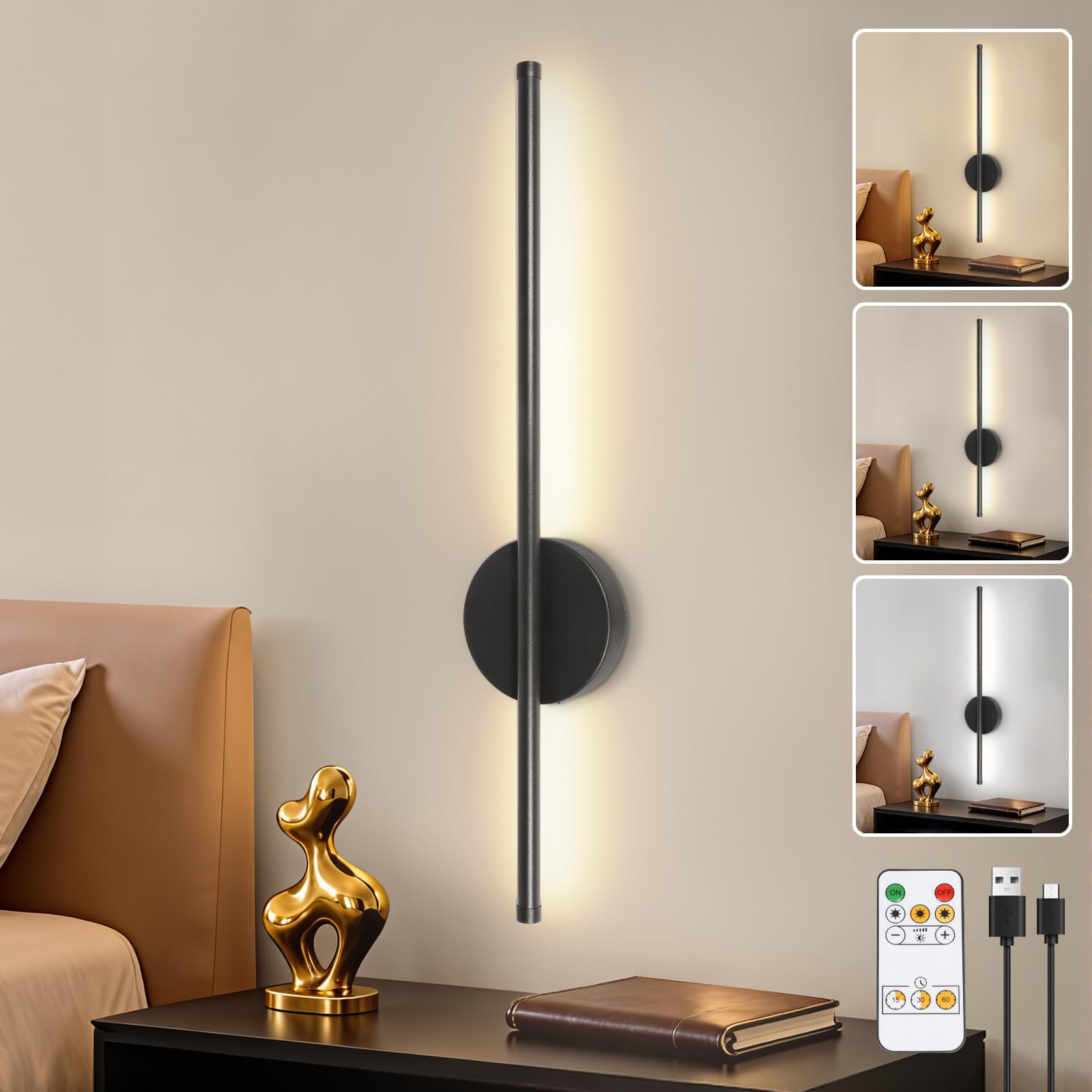 Dehobo Matte Black Rechargeable Wall Sconce Lights, Battery Operated Wall Lights 3 Color Temperature, Wall Lamp Dimmable Wireless With Remote Control Black 60Cm For Living Room Bedroom Hallway, 1 Pack