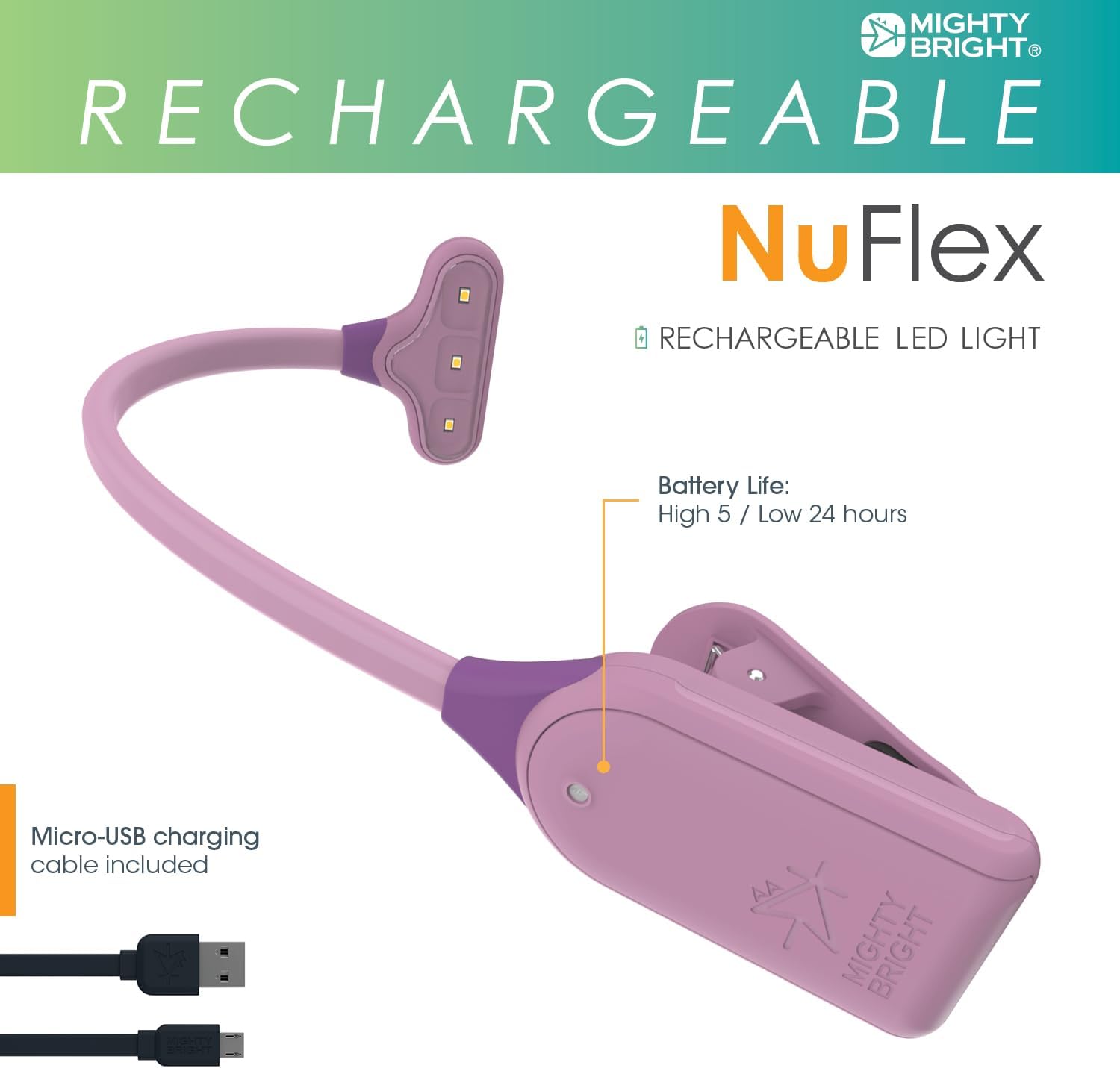 The Original Mighty Bright NuFlex Rechargeable Book Light, 35 Lumens of Warm Eye-Care Light, 3 Brightness Levels, 24 Hours of Battery Life, Durable, Flexible (Lavender)
