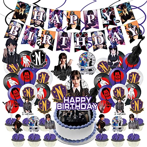 50PCSWednesday Addams Geburtstag Dekorationen-Wednesday Addams Party Personalisiert Dekorationen, Banner,Tortenaufleger,Latexballons, Überraschung Geschenk für Fans Cover