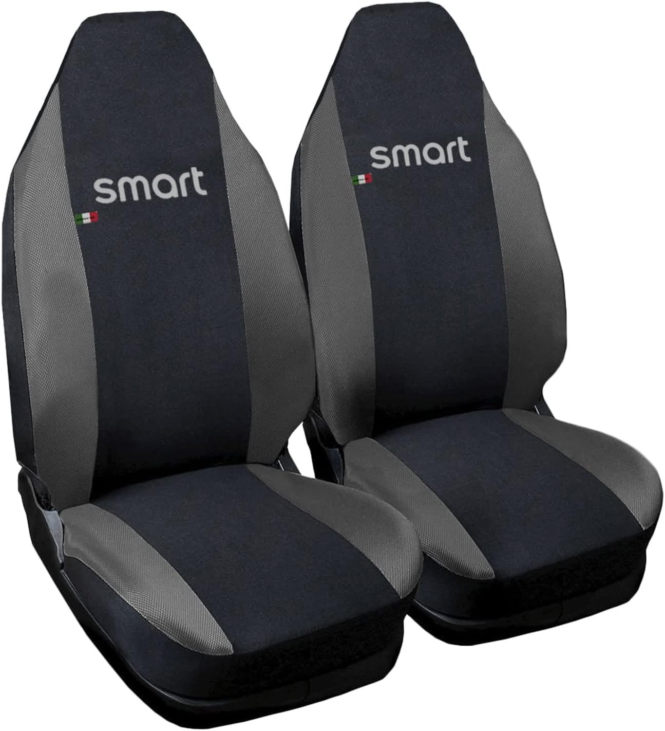 Rebeca Shop® Coprisedili Anteriori compatibili per Smart fortwo, prima, seconda e terza serie, W450 W451 W453, Set di 2 foderine (Nero/Grigio scuro, Con Logo)