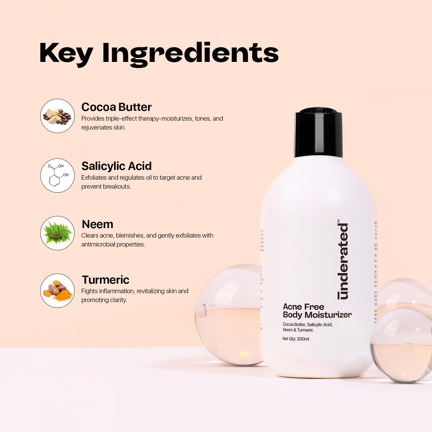 UNDERATED Body Moisturizer with Cocoa Butter, Neem & Turmeric | Nourishes Dull & Dry Skin, Balances Oil, Refreshing Hydration for Smooth & Clear-Looking Skin | 200ml