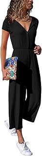Cassiecy Jumpsuit Women's Elegant Short Sleeve Playsuit V-Neck Casual Loose Overalls Long Romper, Z-black, Large