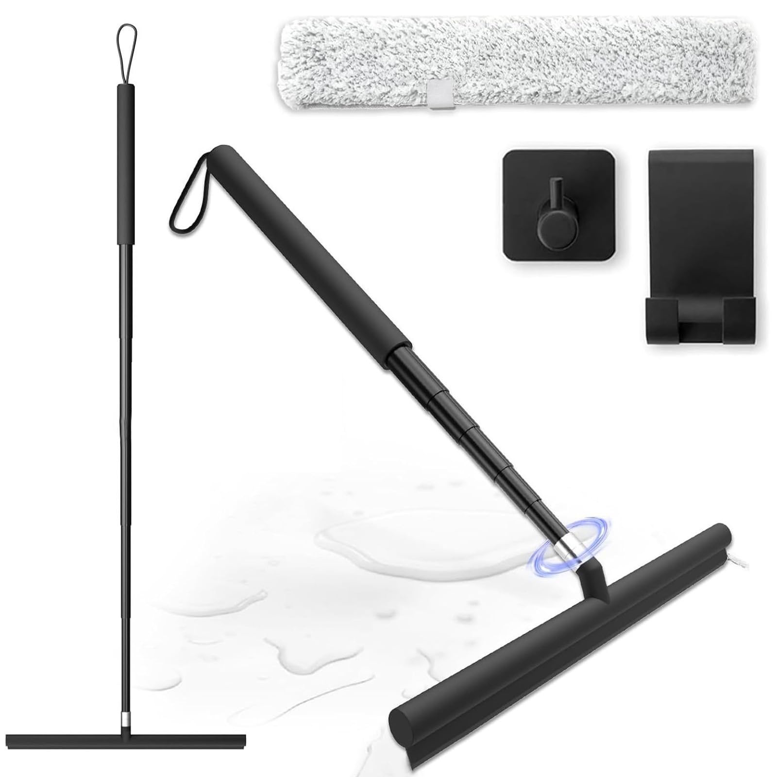 Qivine Tergivetro per Doccia con Manico Telescopico 146 cm, Pulisci Vetri con Tergivetro in Silicone & Lavavetri in Microfibra, Tira Acqua Pavimenti con 2 Ganci, per Bagno Auto Vetro Finestre