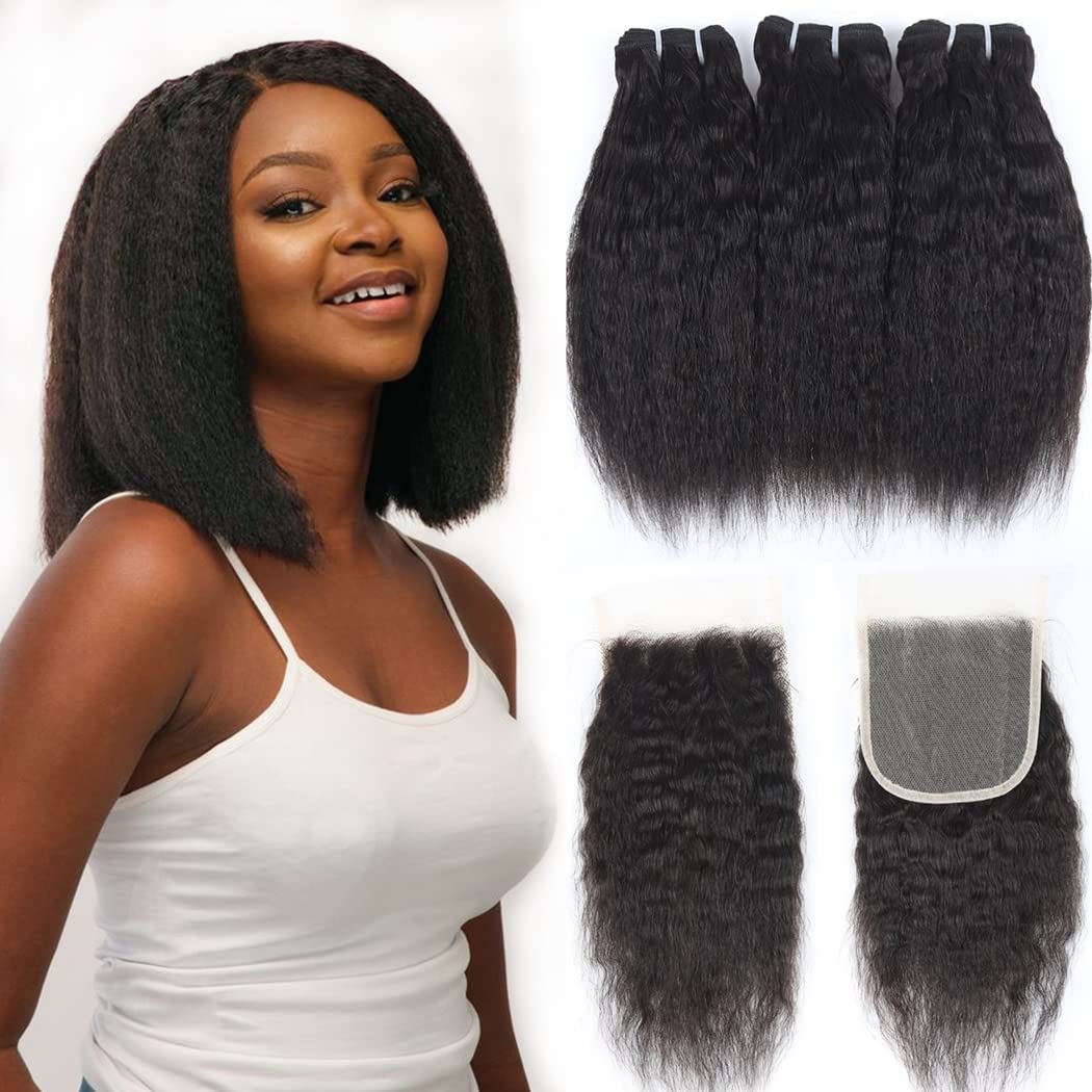 Odir Kinky Straight Bundles with Closure Brazilian Human Hair Unprocessed 9A Yaki Straight Virgin Hair 3 Bundles with 4x4 Lace Closure 10 10 10+10