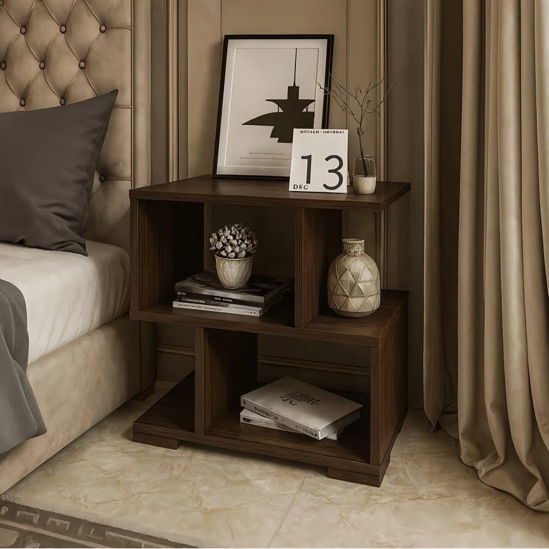 HINDON Wooden Modern Side Tables for Bedroom | Bedside Table for Bedroom | Side Table for Bed Room | Wooden Side Table | Corner Table for Bed Room, 3 Shelves,(Brown)