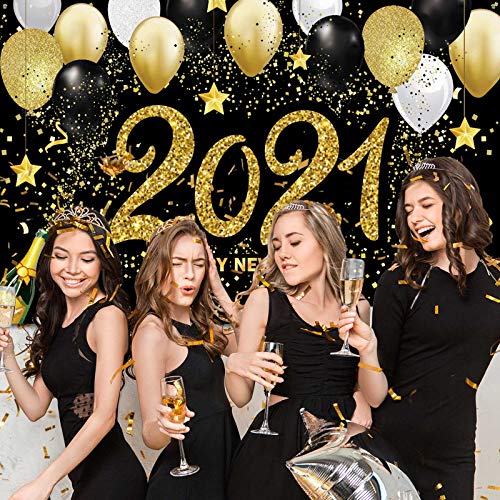 2021 Happy New Year Photograph Backdrop Decoration Black and Gold Happy New Year\'s Eve Banner Fabric New Year Background with Glitter Balloon Star for New Year Party Celebration, 72.8 x 43.3 Inch