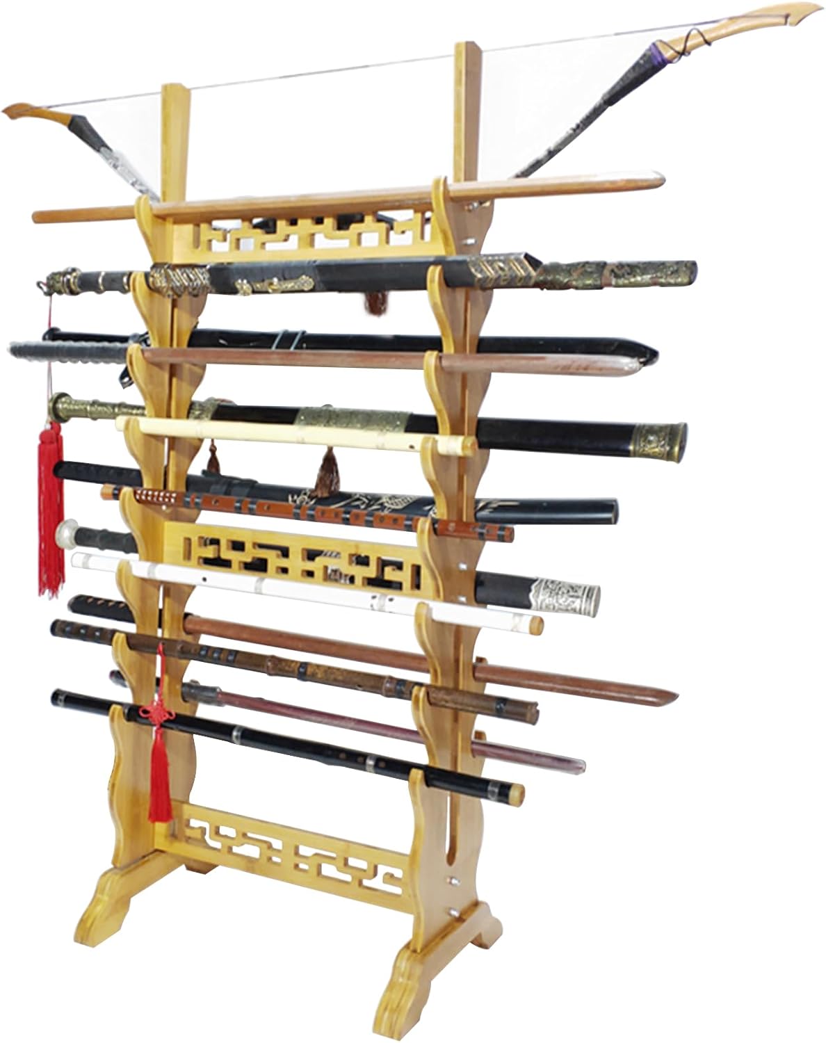 Katana Holder Multi-Layer Floor Sword Display Stand, 16/18/20/24 Tier Wood Sword Hanger Sword Rack Lightsaber Stand, Classic Hollow Katana Holder, Flute, Fishing Rod, Light Tube Stands