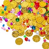 Liatunou 100 Pieces Gold Coins and 100 Pieces Gem Jewelry Fake Gold Coins for Pirate Treasure Party Decor Halloween Adventure Themed Event Party Supplies
