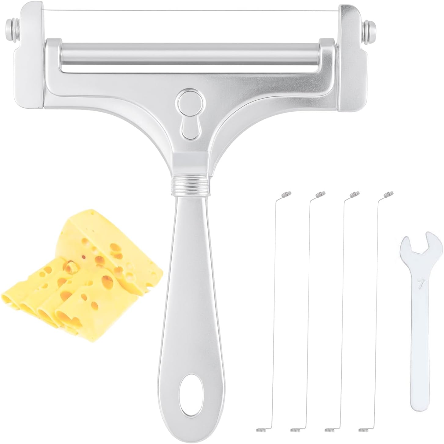 Stainless Steel Wire Cheese Slicer, Adjustable Hand Held Cheese Cutter with 4 Extra Wires & Wrench Food Slicer for Block Butter Cutter Tools Cheese Shaver for Mozzarella, Cheddar, Gruyere