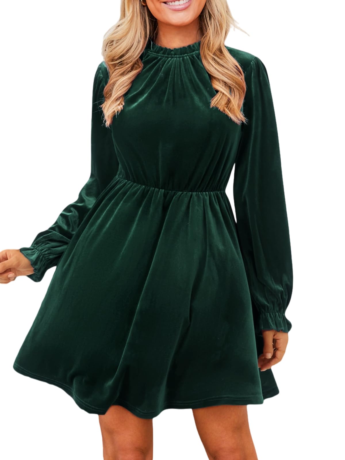 CUPSHE Damen Samtkleid Stehkragen Lange Puffärmel Rüschen Elegant Freizeitkleider Party Mini Dress