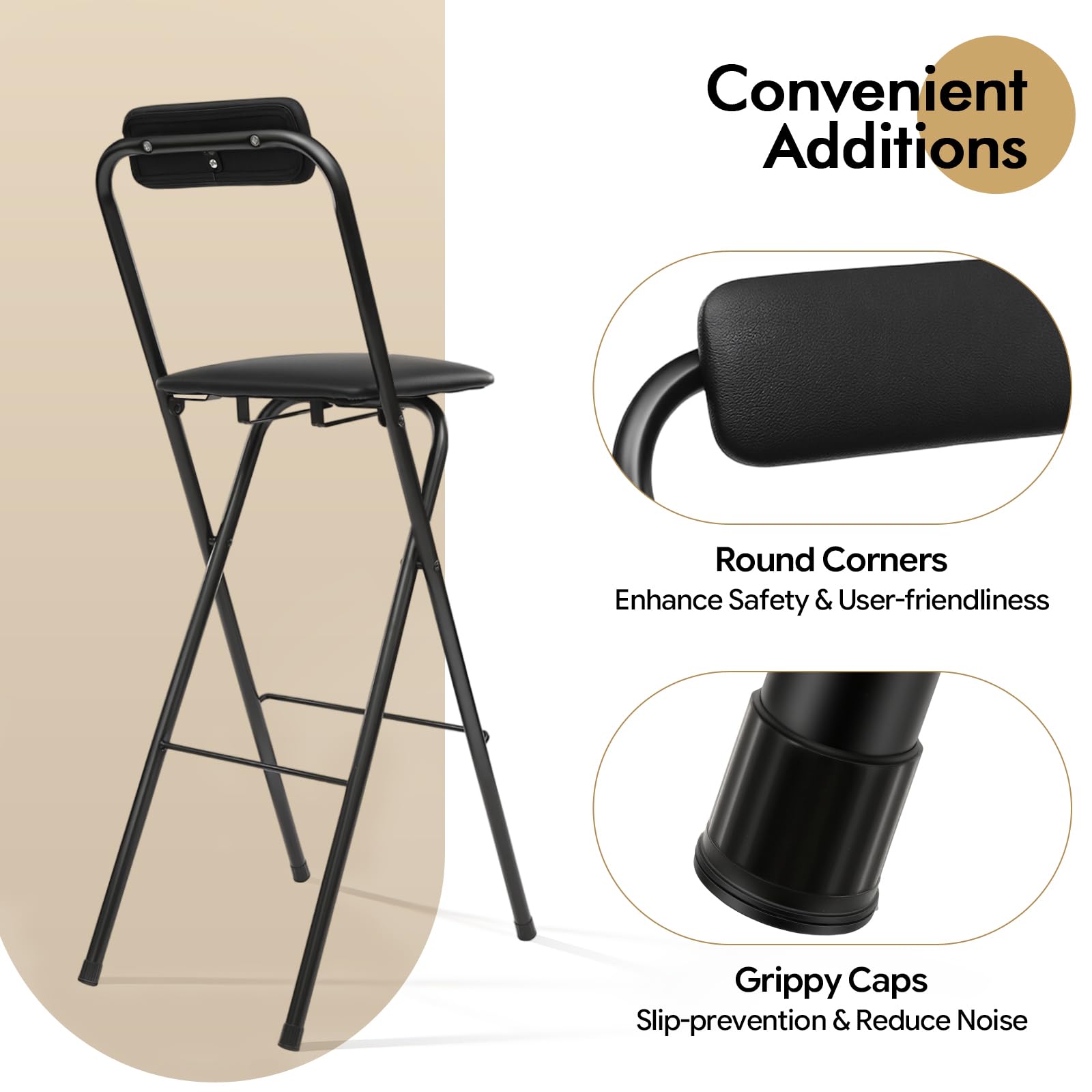 Tabouret Haut de Bar Pliant, Tabouret et Chaise de Bar Haute Pliante Pliable avec Dossier pour Exterieur Interieur Camping Jardin Balcon Salon/Assise Noire/Hauteur D'Assise 75CM